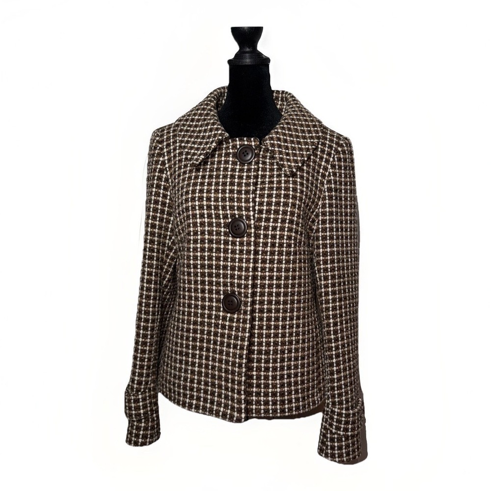 Helene Berman Womans's Brown Plaid Wool Blend Tweed Blazer Size 12 Lined Pockets